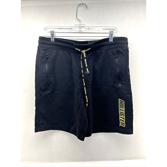 HOLLISTER Jogger Shorts Knit Black/Yellow Logo Zip Pockets Elastic Waist Mens L - Picture 1 of 9